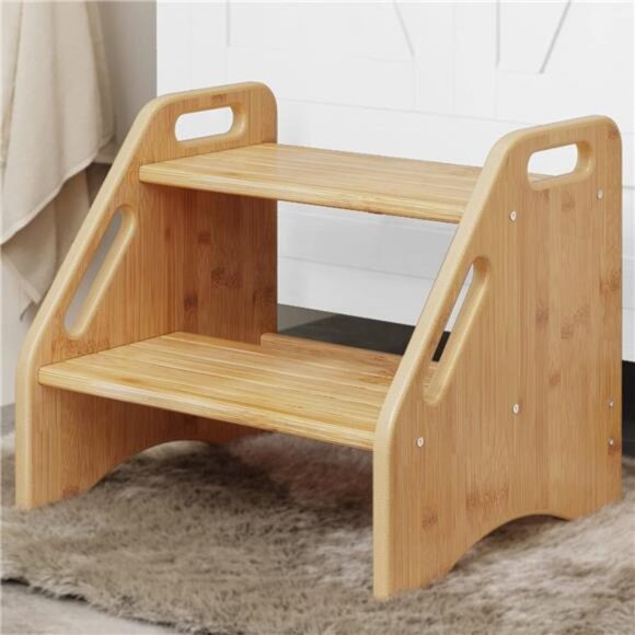 Wooden Step Stool, Two Step Stools Toddler 300 lbs Capacity with Safety Non-Slip - Picture 1 of 7